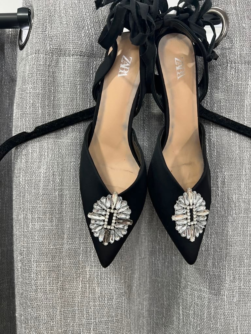 Zara Black Pointed Toe Flats with Crystal Brooch & Lace-Up Ties
